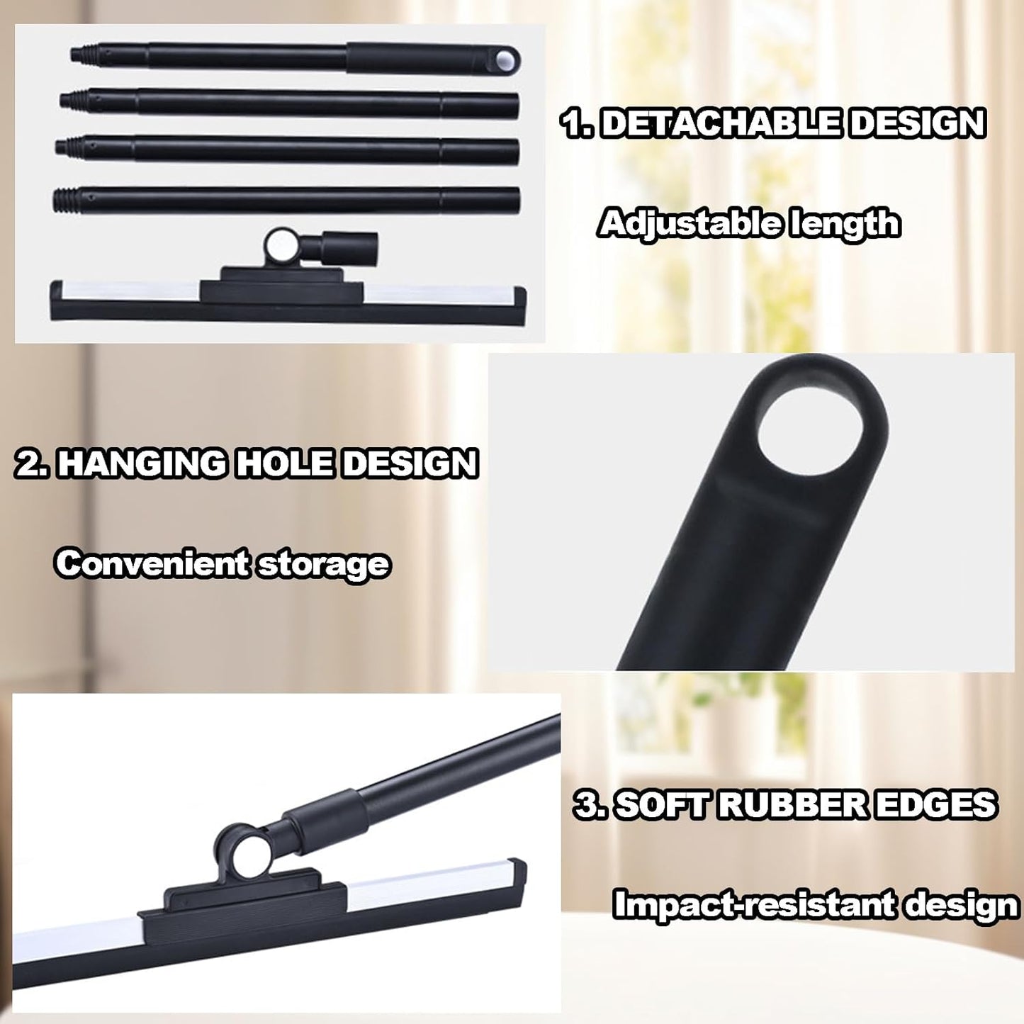 Floor Squeegee - 52 Inch Adjustable Long Handle 14.2 Inch Rubber Blade 180° Rotatable Head Heavy Duty Squeegee Broom for Floor Window Bathroom Tile Garage Concrete Shower Patio (Black)