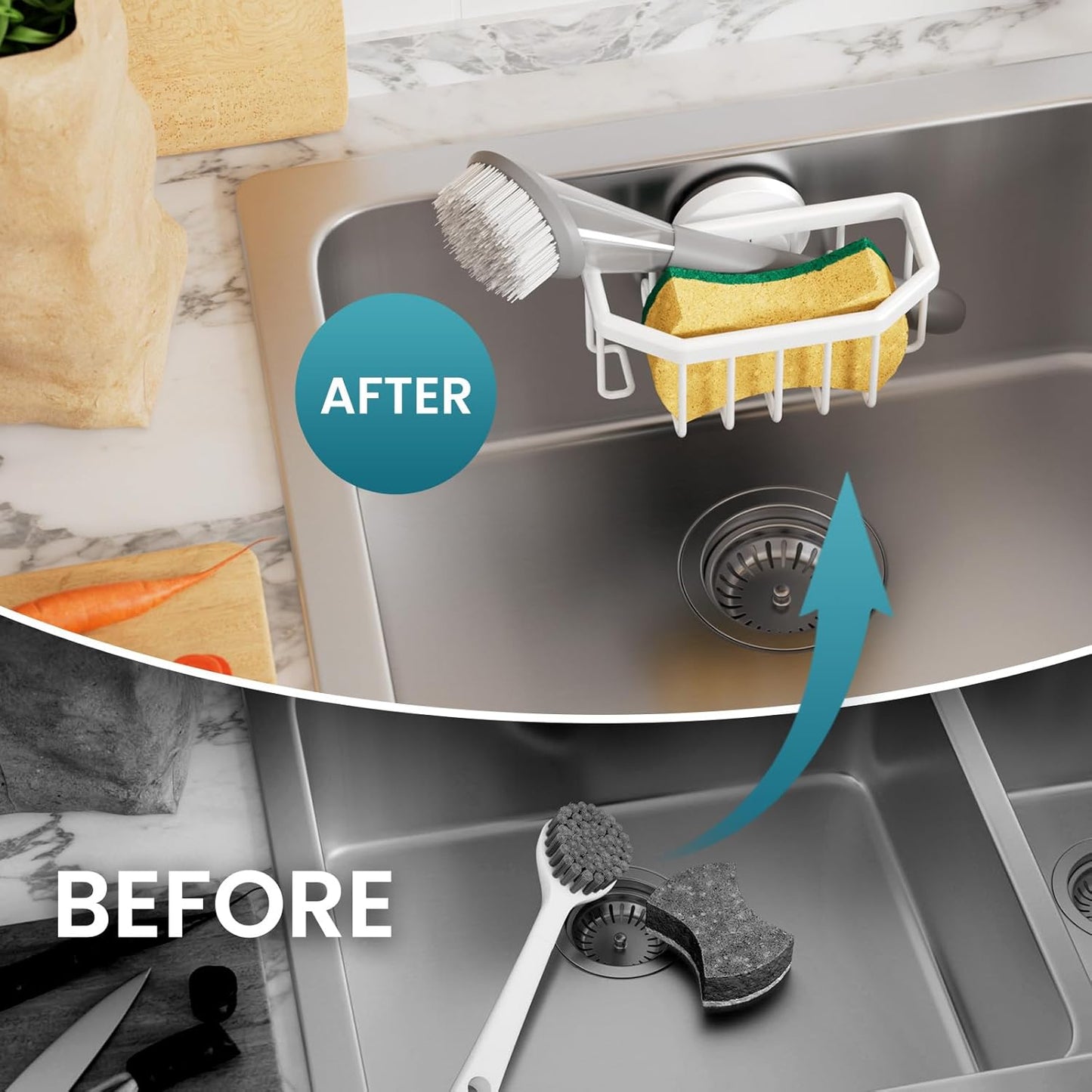 TAILI Sponge Holder for Kitchen Sink with Strong Suction Cup, Rustproof Aluminum Sink Caddy for Sponges, Removable Sponge Holder, Dish Brush for Scraper - Silver