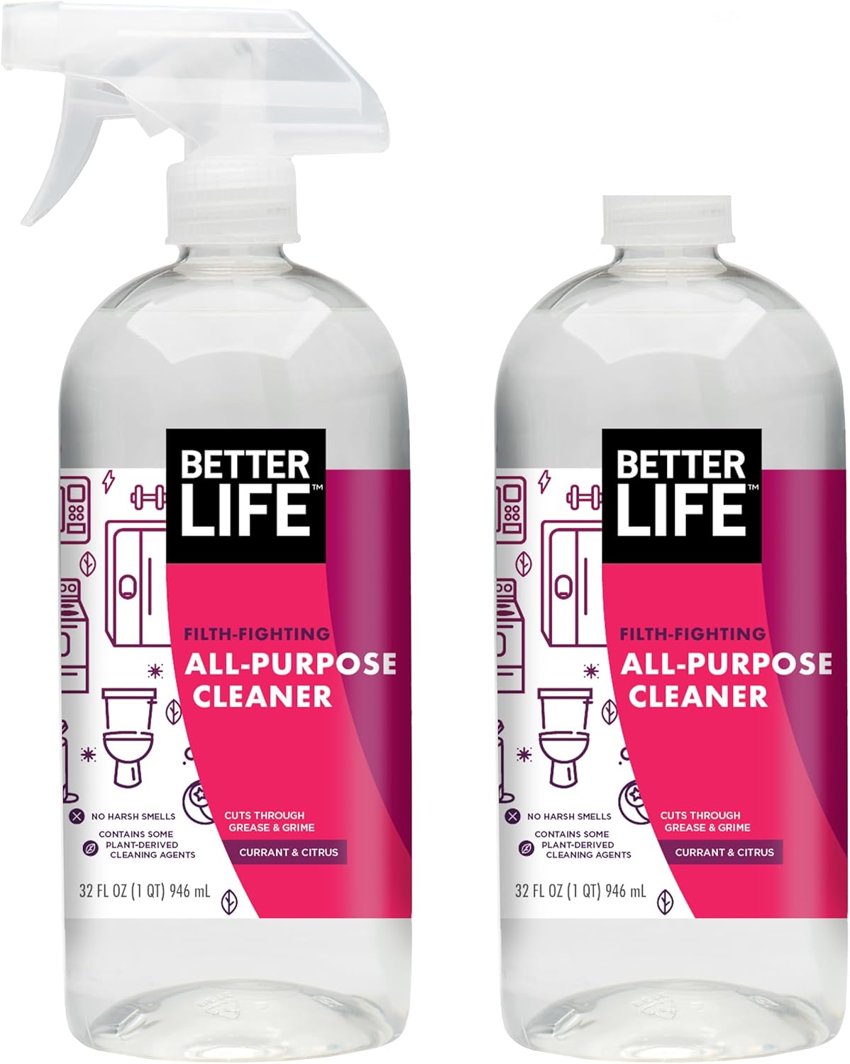 Better Life All Purpose Cleaner - Multipurpose Home and Kitchen Cleaning Spray for Glass, Countertops, Appliances, Upholstery & More - Multi-surface Spray Cleaner - 24oz (Pack of 2) Unscented