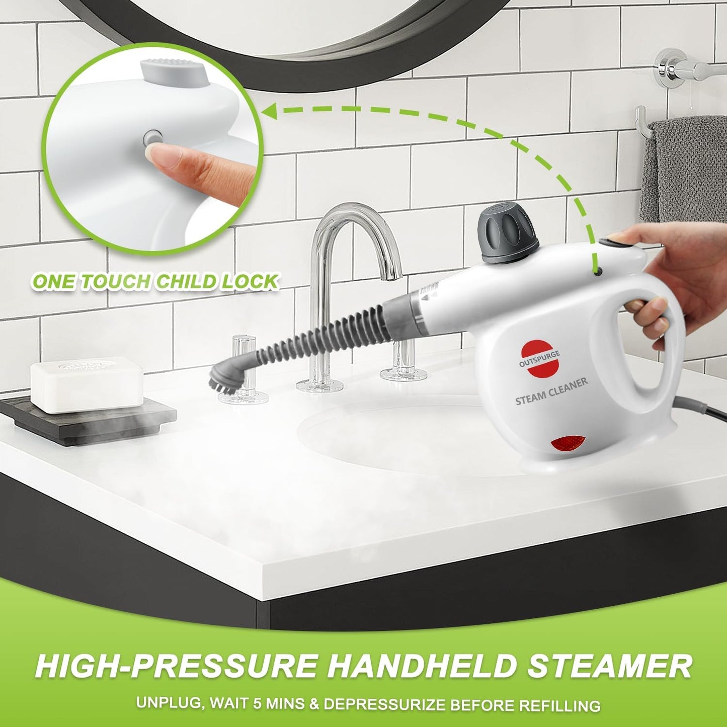 Handheld Steam Cleaner, Pressurized Multi-Surface Steam Shot with 13 Accessories, Safety Lock, Steamer for Cleaning Floor, Upholstery, Grout, Windows, Couch and Car (Yellow)