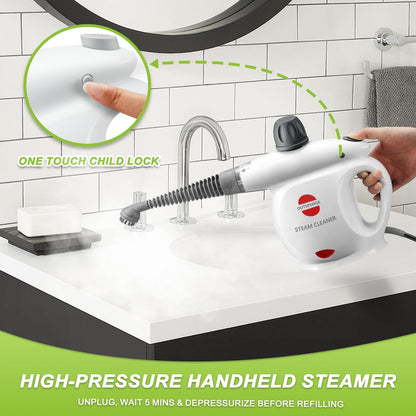 Handheld Steam Cleaner, Pressurized Multi-Surface Steam Shot with 13 Accessories, Safety Lock, Steamer for Cleaning Floor, Upholstery, Grout, Windows, Couch and Car (Yellow)