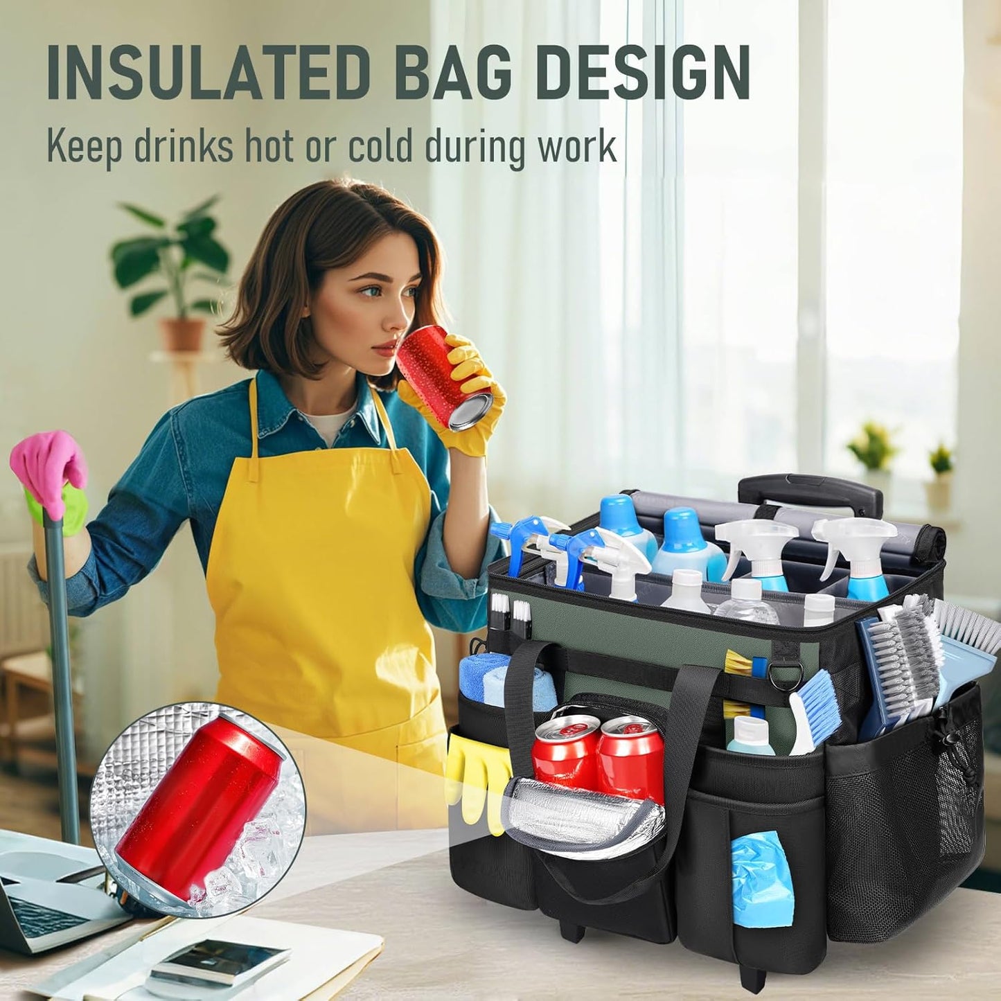 Ytonet Cleaning Caddy with Wheels, Extra Large Rolling Cleaning Caddy Bag with Detachable Trolley for Housekeepers, Water Resistant Cleaner Supplies Organizer with Wheels for Kitchen, Tool Organizer