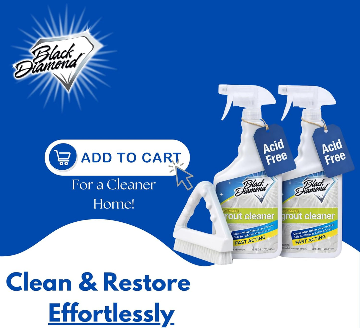Black Diamond Ultimate Grout Cleaner: Best Cleaner for Tile,Ceramic,Porcelain, Marble Acid-Free Safe Deep Cleaner & Stain Remover for Even The Dirtiest Grout. (1-Quart/1-Brush)