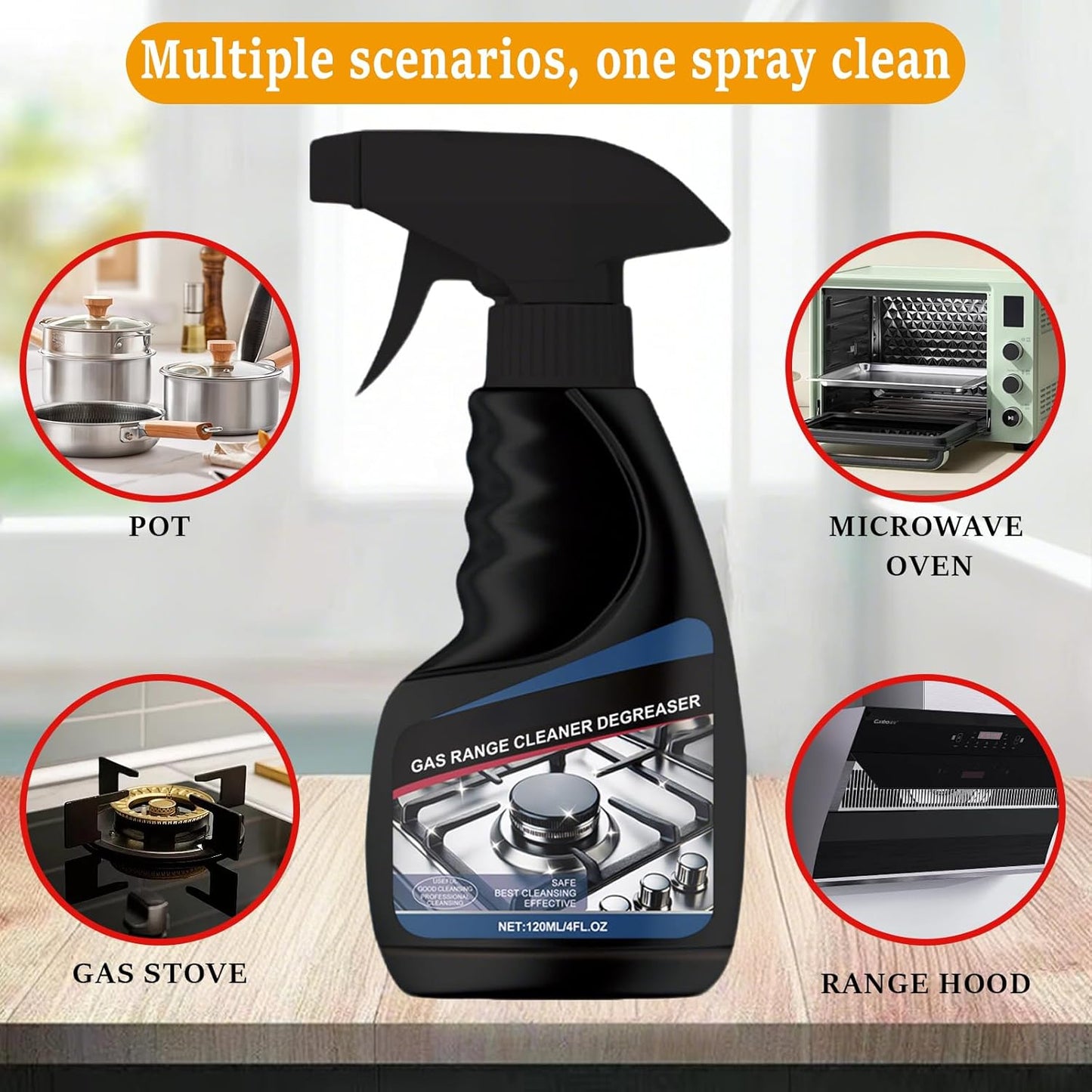 120ML Gas Range Cleaner Degreaser,Effective Clean Up Kitchen Oil Stains,Grease & Grime Remover, Kitchen Cooktop Cleaning Spray