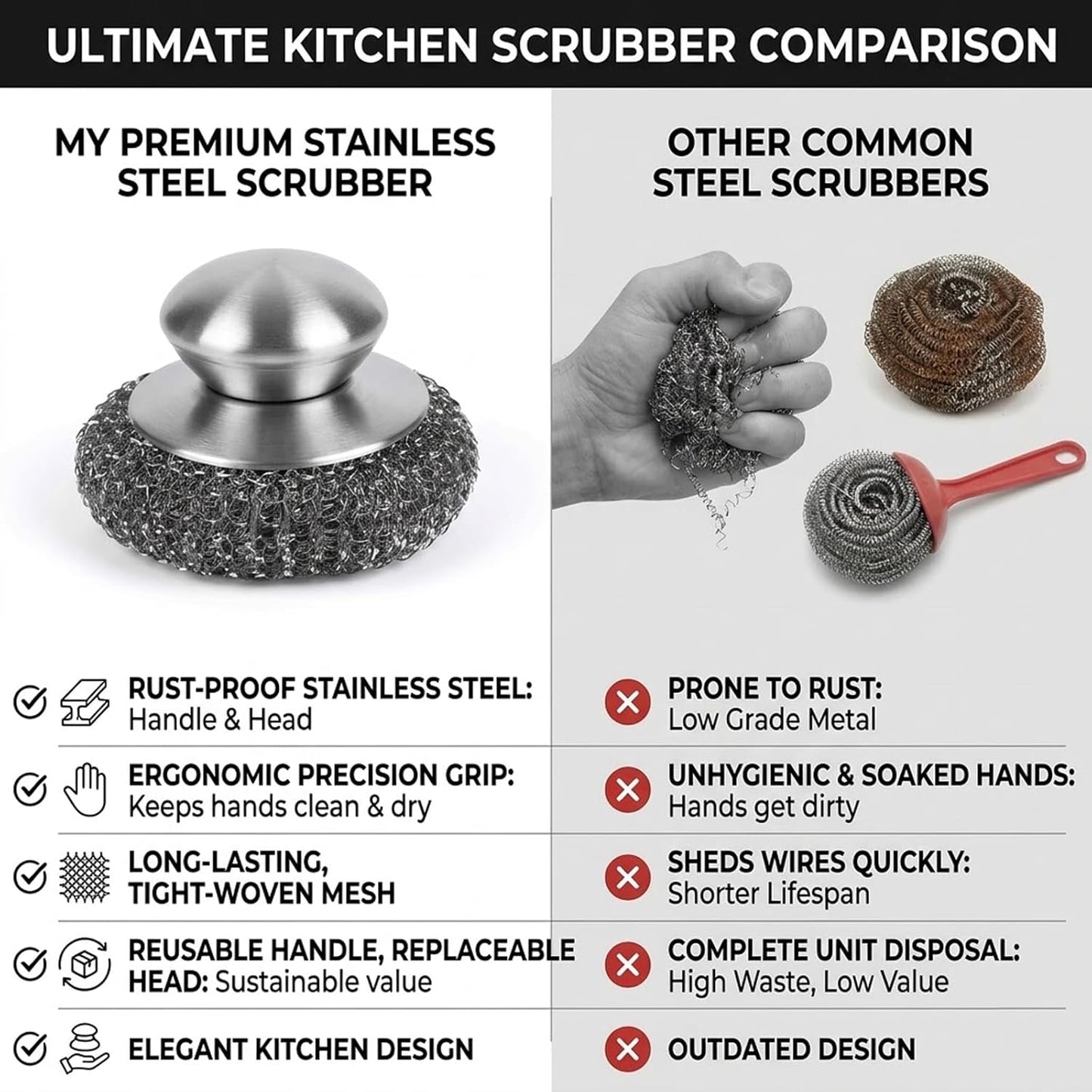 Steel Wool Scrubber, 4-Pack Stainless Steel Scrubber Pads with Handle - The Ultimate Scouring Solution for Rust, Stubborn Messes on Cookware, Grill, Oven & Kitchen Sinks