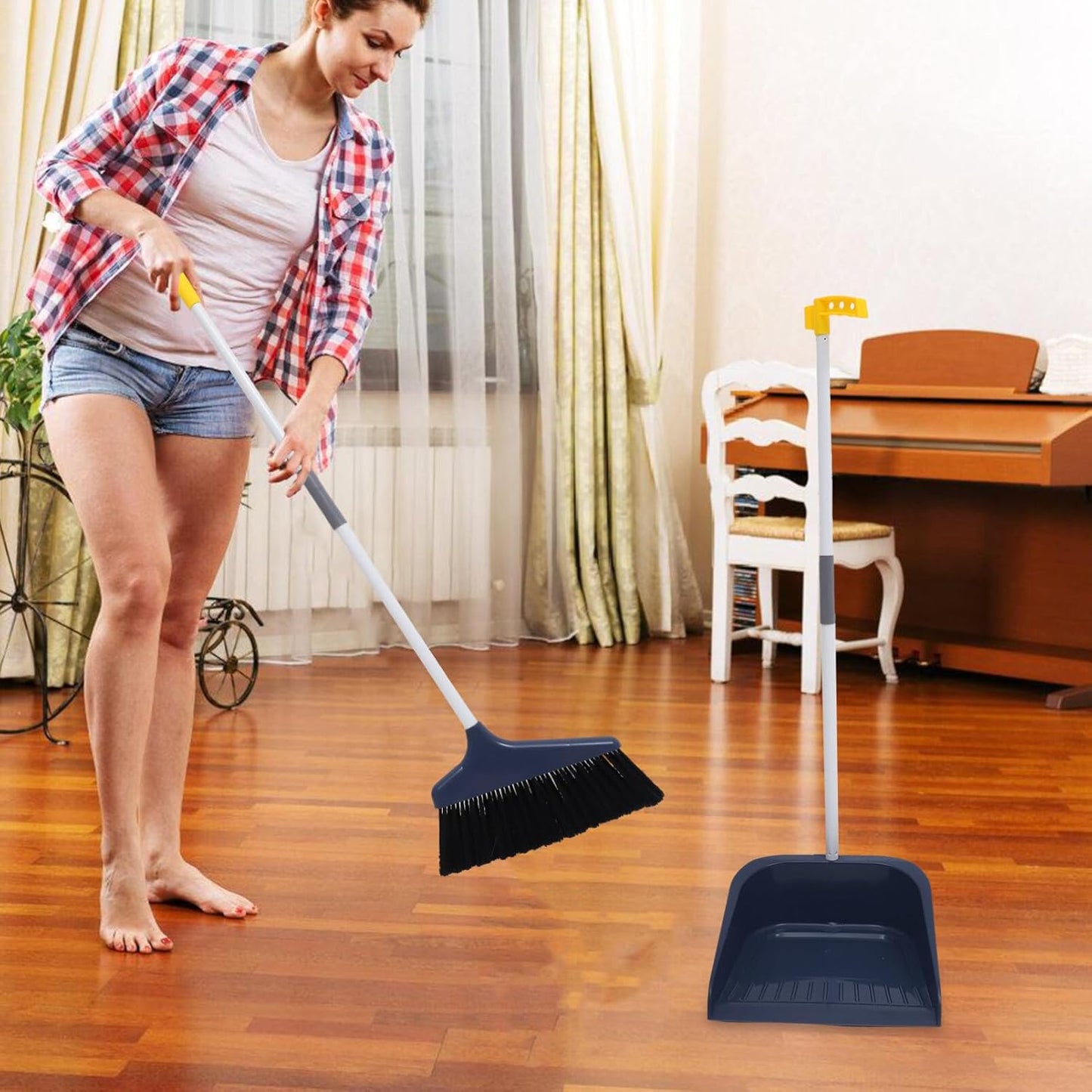 Lurrose Broom and Dustpan Set Heavy Duty Floor Cleaning Kit with Soft Bristles and Ergonomic Long Handle for Home Kitchen Tile and Hardwood Surfaces