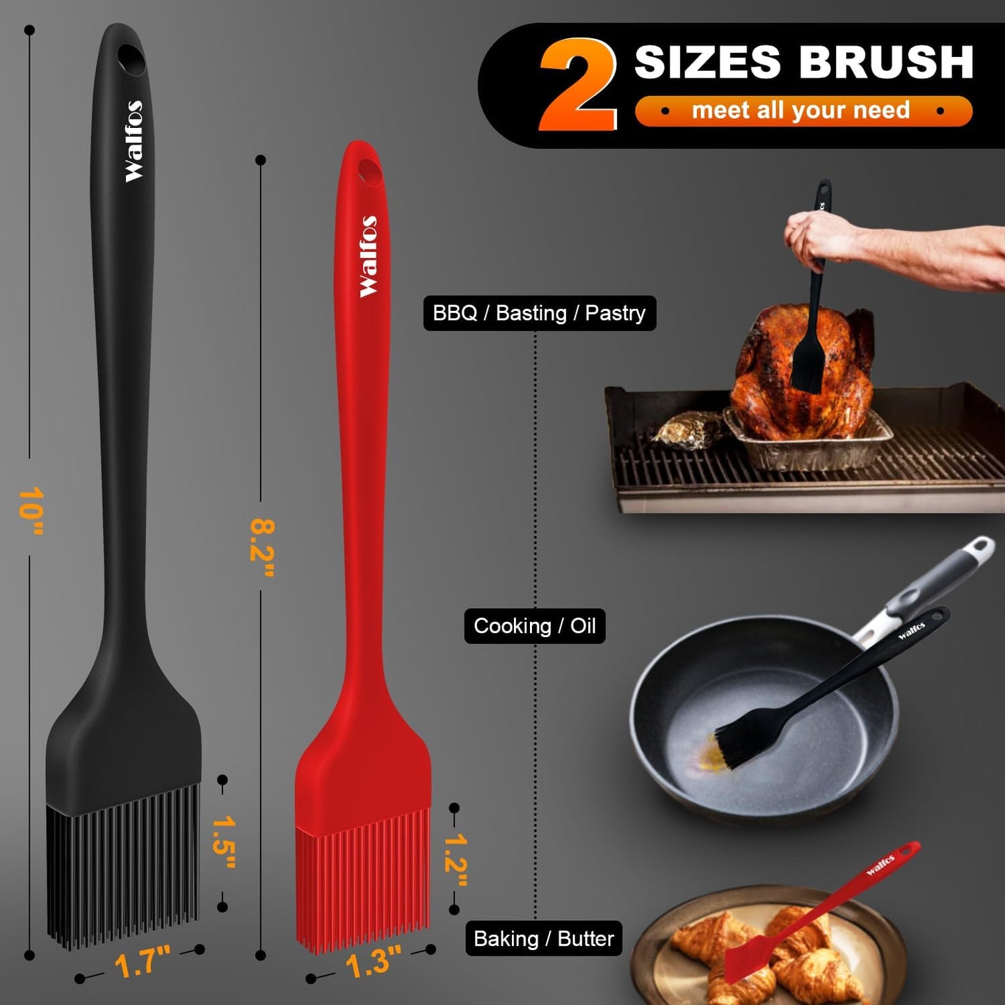 Walfos Silicone Basting Pastry Brush, Heat Resistant Pastry Brush Set, Strong Steel Core and One-Pieces Design, Perfect for BBQ Grill Baking Kitchen Cooking, BPA Free and Dishwasher Safe, 2 Pcs (Blue)