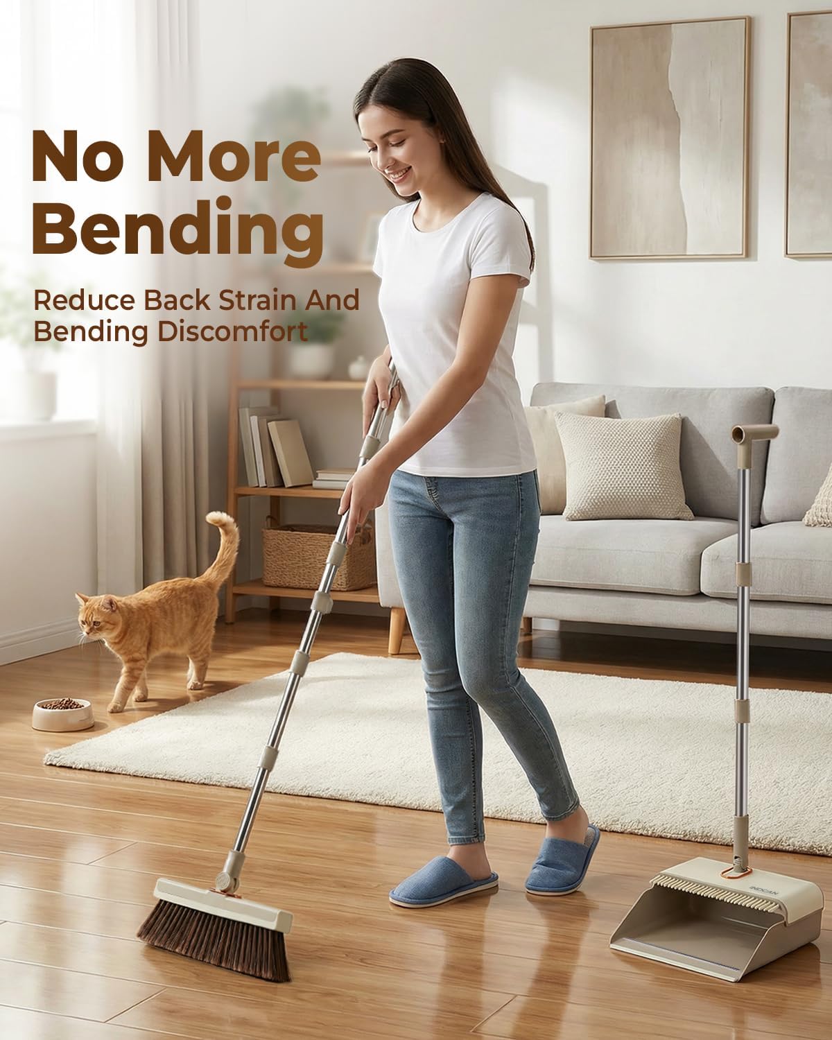INDCAN Broom and Dustpan Set for Home, 54 Inch Long Handle Upright Broom, Rotatable Broom Head with Magnetic Mount & Self-Cleaning Teeth Comb, Indoor Floor Sweeping Set (Santra Pro) - Sandstone Beige
