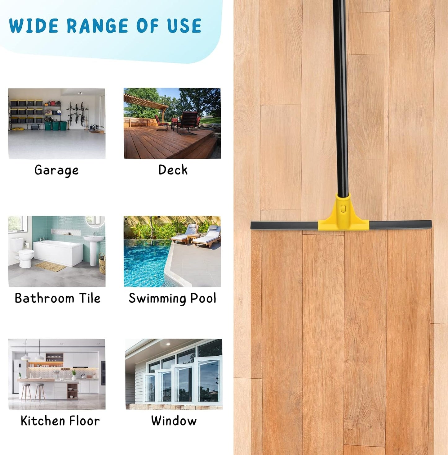 Squeegee Broom for Floor, 18'' Heavy Duty Rubber Wiper with 60'' Long Handle for Bathroom Tile, Garage Concrete, Deck, Shower Glass, Window Cleaning