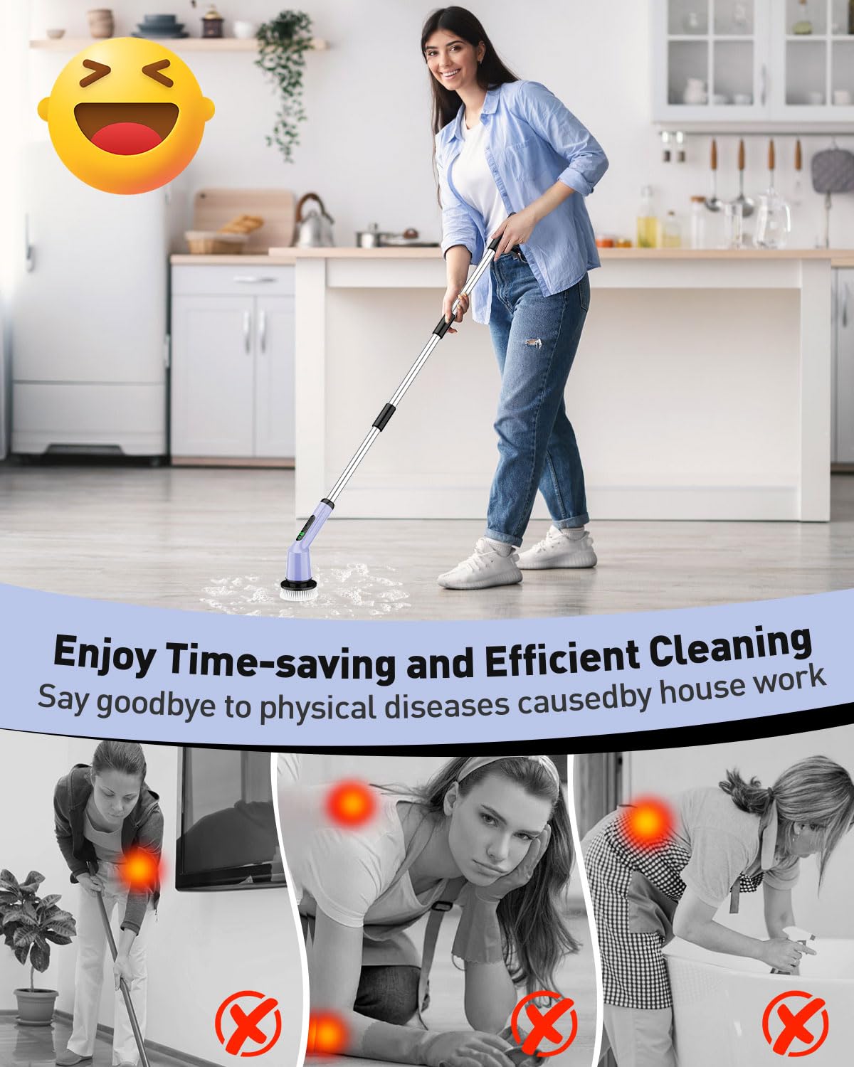 Electric Spin Scrubber for Cleaning Bathroom, Shower Scrubber Cordless Cleaning Brush with IPX7 Waterproof & 2 Speed, 3 Brush Heads, Bathroom Cleaning Supplies for Shower Tub Kitchen Tile Toilet White