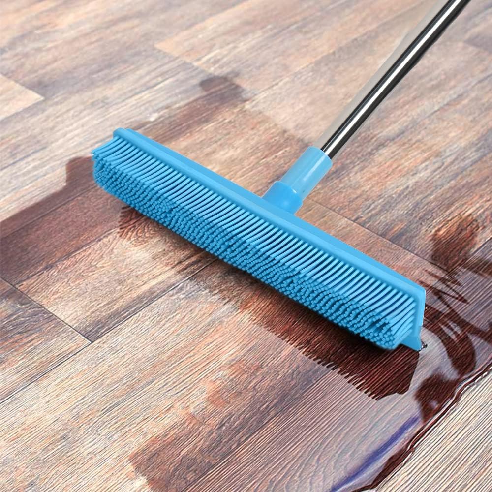 LandHope Carpet Rake for Pet Hair Remover Long Handle with Squeegee, Rubber Broom Carpet Brush Non Scratch Bristles Fur Remover Indoor Outdoor Push Broom for Cat Dog Hair Hardwood Tile Windows Clean