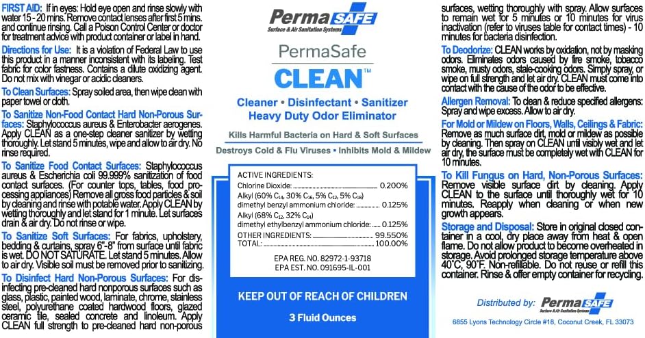 PermaSafe CLEAN 1-Step Disinfectant, Deodorizer & All-Purpose Cleaner; Soft, Hard & Food Surface Sanitizer; Kills 99.9% of Bacteria, Viruses, Molds - Child, Pet, Planet & All Surface Safe (32oz)