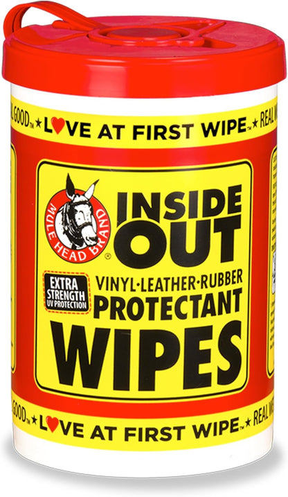 Mule Head Inside Out Protectant Wipes – Automotive Interior & Exterior Cleaner for Vinyl, Leather, Rubber & Trim, UV Protection, Non-Greasy, 72 Count, 10" x 12"