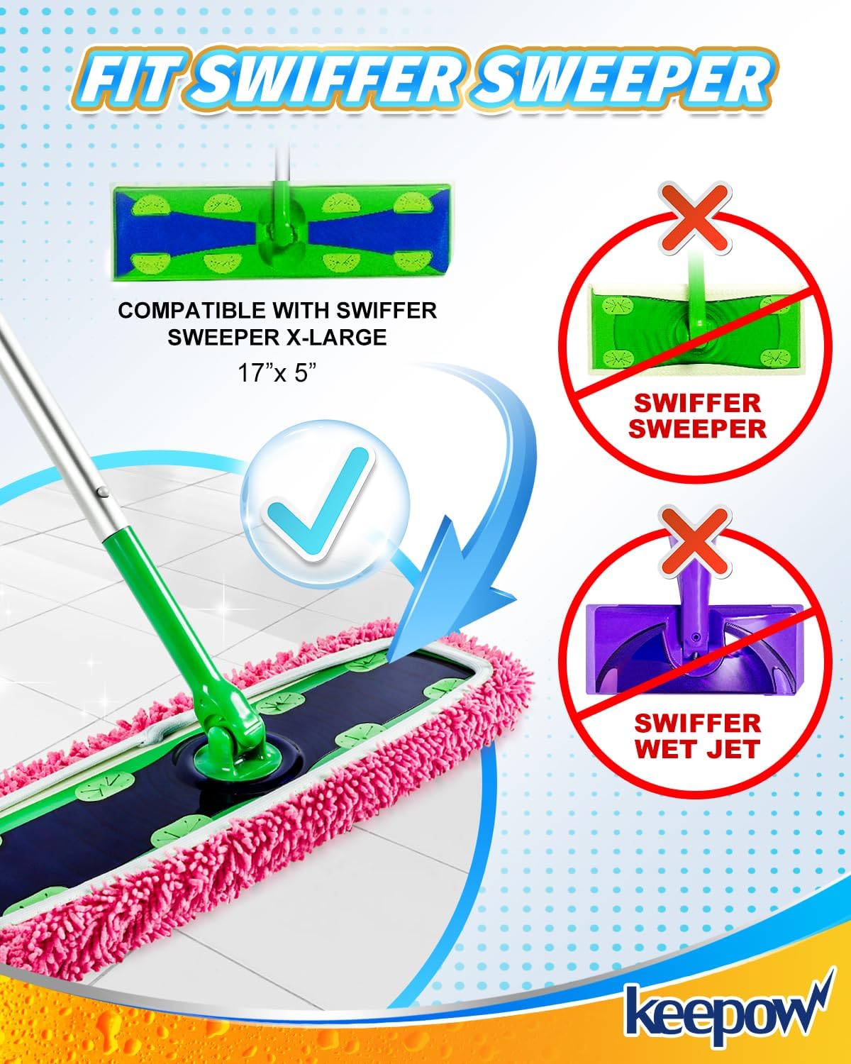 KEEPOW Reusable XL Mop Pads Compatible with Swiffer XL Sweeper, X-Large Dry Sweeping Cloths, Wet Mopping Cloths, Washable Microfiber XL Wet Pads Refills for Surface/Hardwood Floor Cleaning, 4 Pack