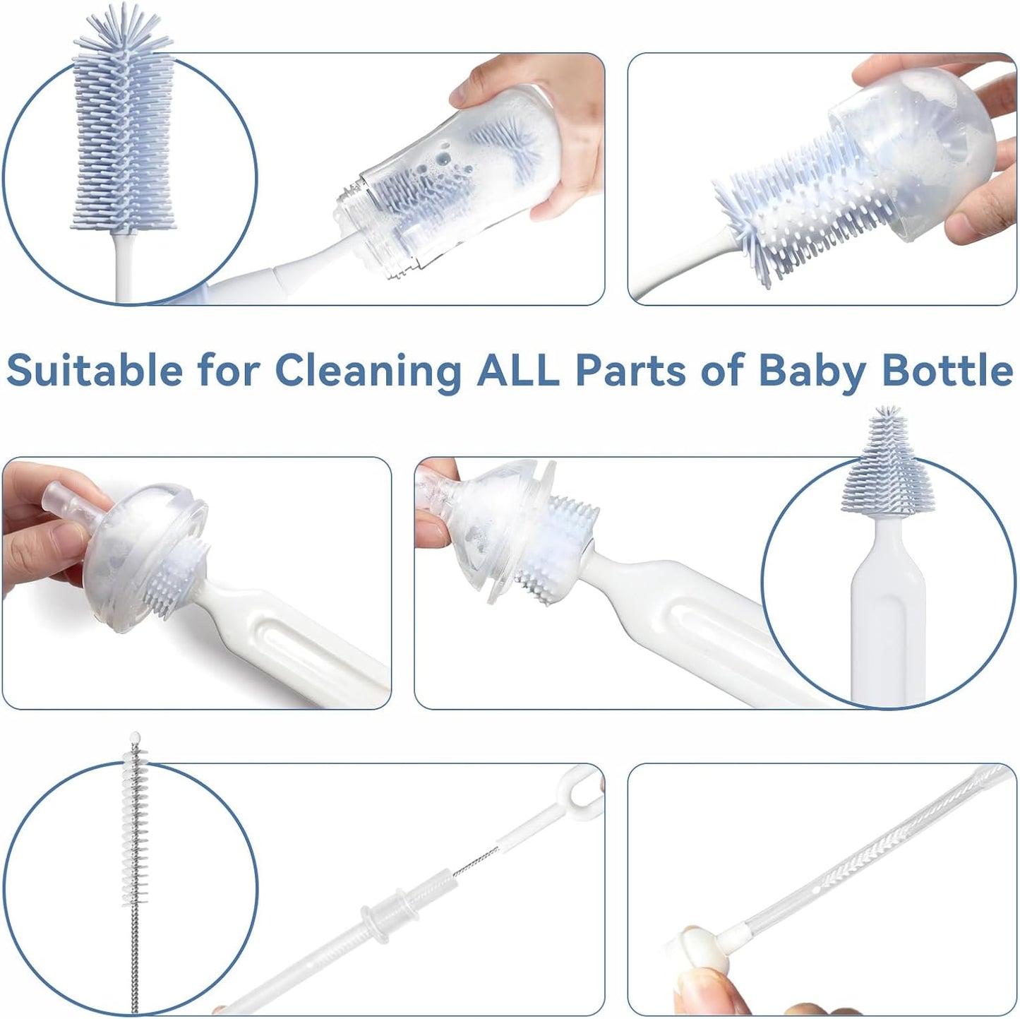 Baby Bottle Brush Set, Innovative Efficient Press-to-Spin Brush Cleaner - Includes Silicone Bottle Brush, Nipple Brush, Straw Cleaner - Spinning Generates Rich Foam for Deep Cleaning, Blue
