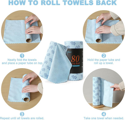 Microfiber Cleaning Cloth Roll,80 Pack Cleaning Towels,Lint Free Rags Paper Towels & Tear Away Reusable Towels,Washable Shop Rags Floral Wipe Cloth,Wash Cloths Dish Rags for Car Kitchen Window