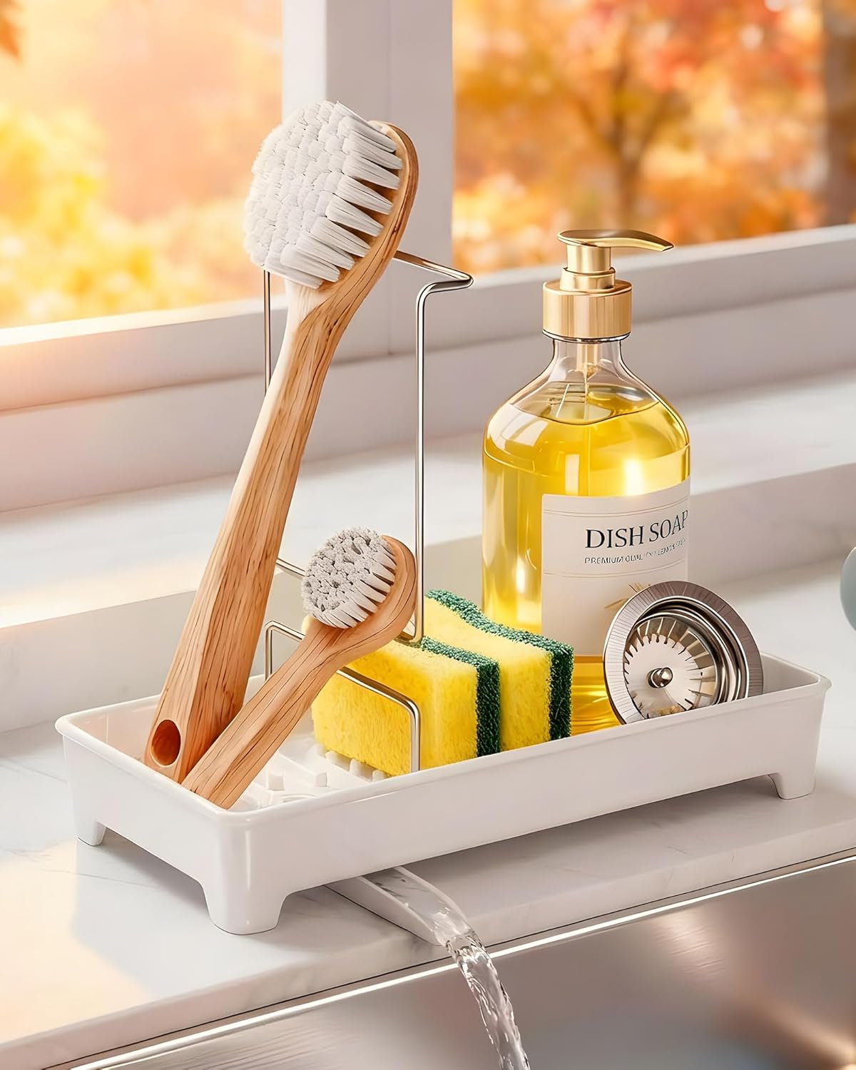 Minimalist Sink Caddy, Rustproof Sponge Holder for Kitchen Sink with 304 Stainless-Steel Brush Holder, Countertop Rack Organizer with Raised Ridges & Silicone Drain Tube (Mint Green, Large)