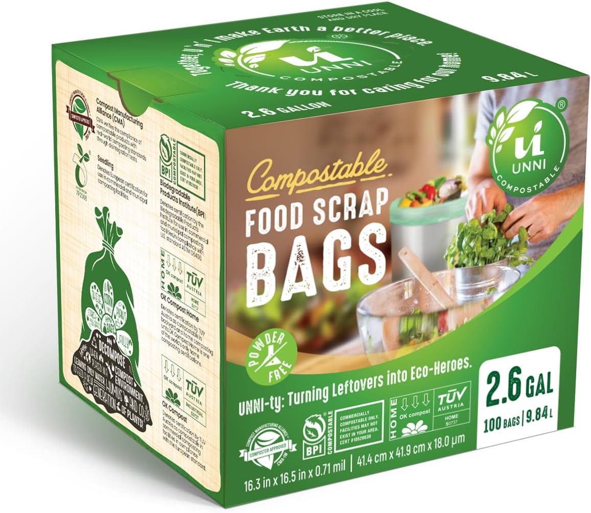 UNNI Compostable Trash Bags, 13 Gallon / 49.2 Liter, 50 Count, Extra Thick 0.9 Mil Tall Kitchen Food Scrap Bin Liners, Certified by BPI, CMA & OK compost HOME, Meets the ASTM D6400 Standard