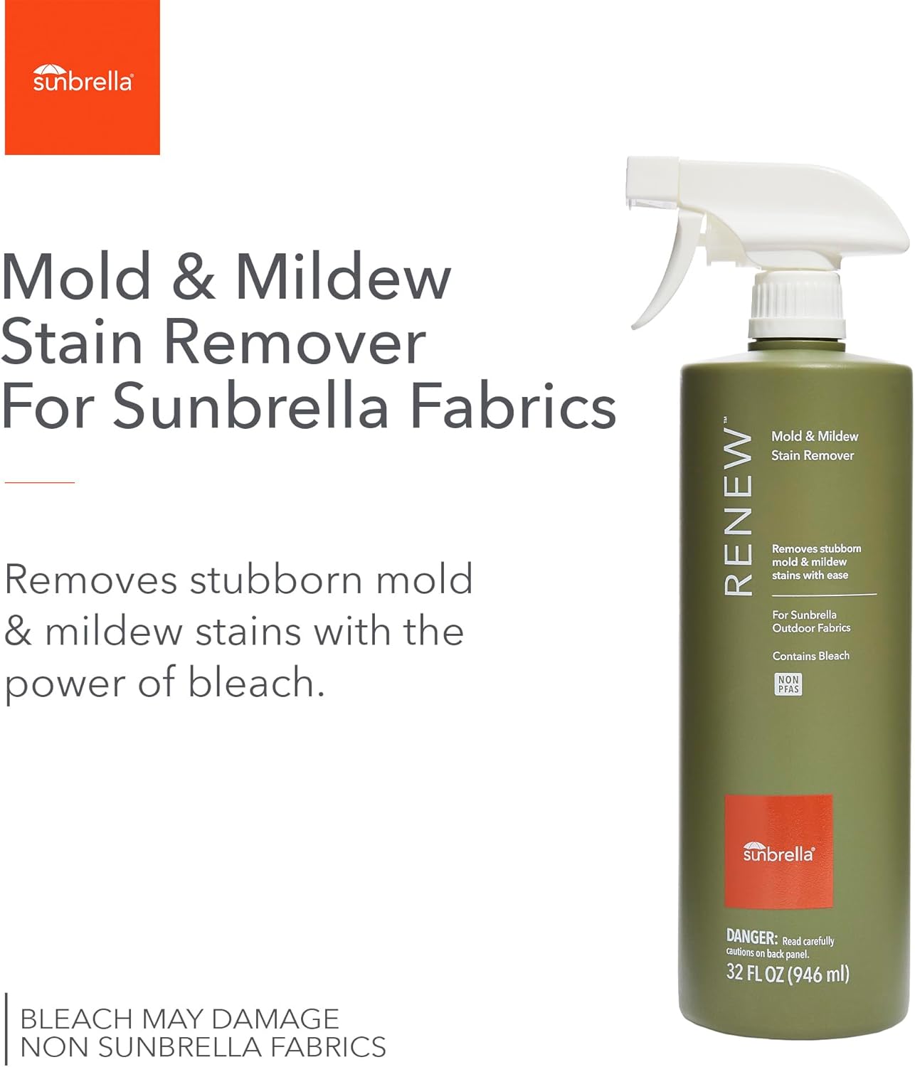 Sunbrella Renew Mold & Mildew Stain Remover | Deep Cleaning with Bleach | Outdoor Fabric Cleaner for Cushions, Pillows, Awnings, Boat Covers & More | Dual-Action Spray Nozzle | 32oz
