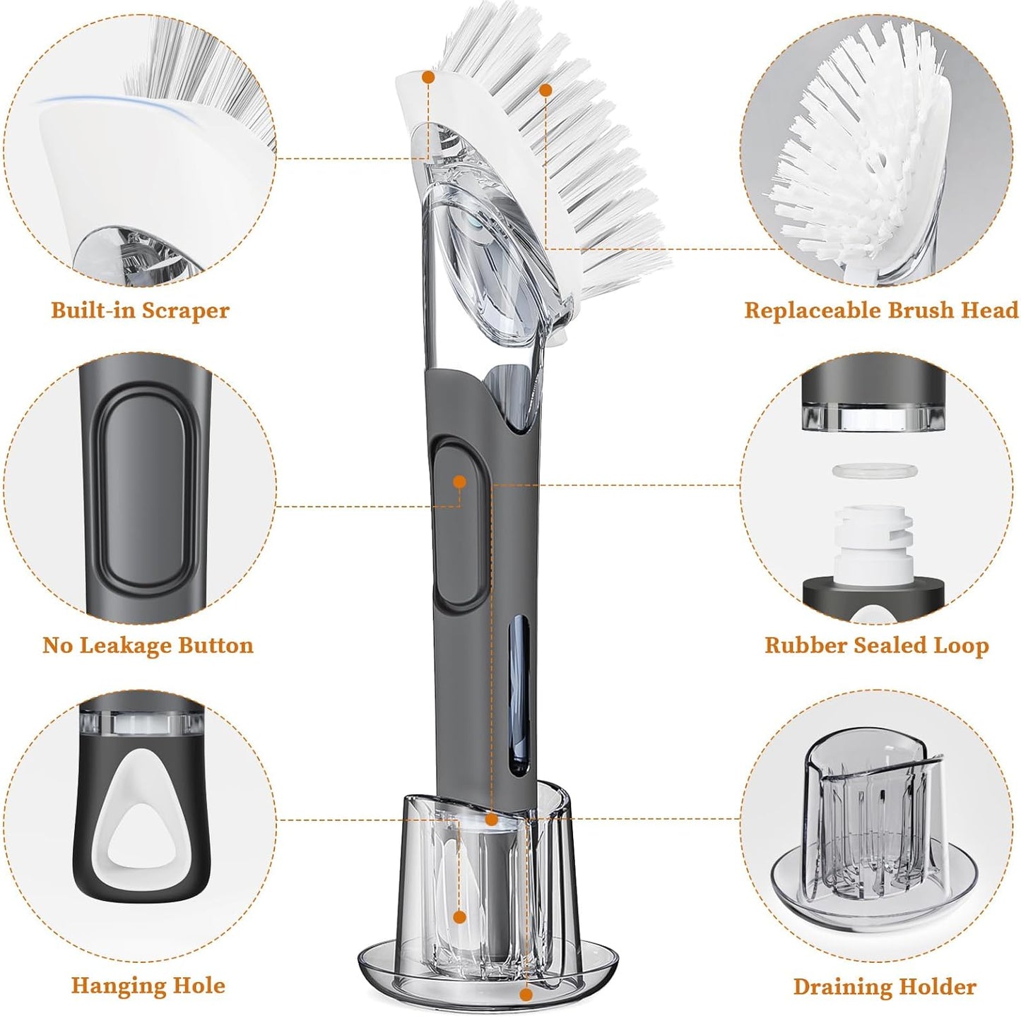 Soap Dispensing Replacement Dish Brush Storage Set with 2 PCS Brush Refills & Holder - RIMAY Dispenser Scrub Cleaning Scrubber Kitchen Dishwashing Dish Wand Handle for Dishes/Pans/Pots/Sink(Black)