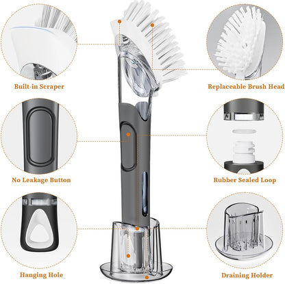 Soap Dispensing Replacement Dish Brush Storage Set with 2 PCS Brush Refills & Holder - RIMAY Dispenser Scrub Cleaning Scrubber Kitchen Dishwashing Dish Wand Handle for Dishes/Pans/Pots/Sink(Black)