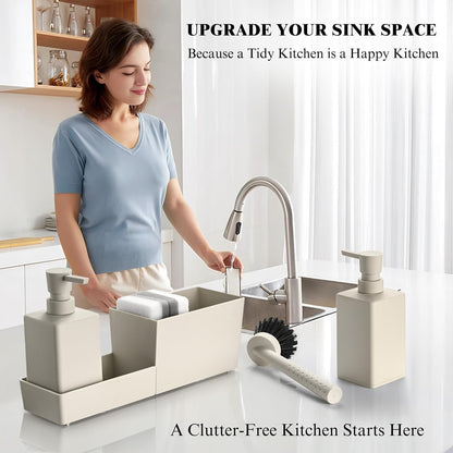 Kitchen Soap Dispenser Set with Sponge Holder and Brush for Sink Rack Hand Soap and Dish Soap Dispensers Black 4-in-1