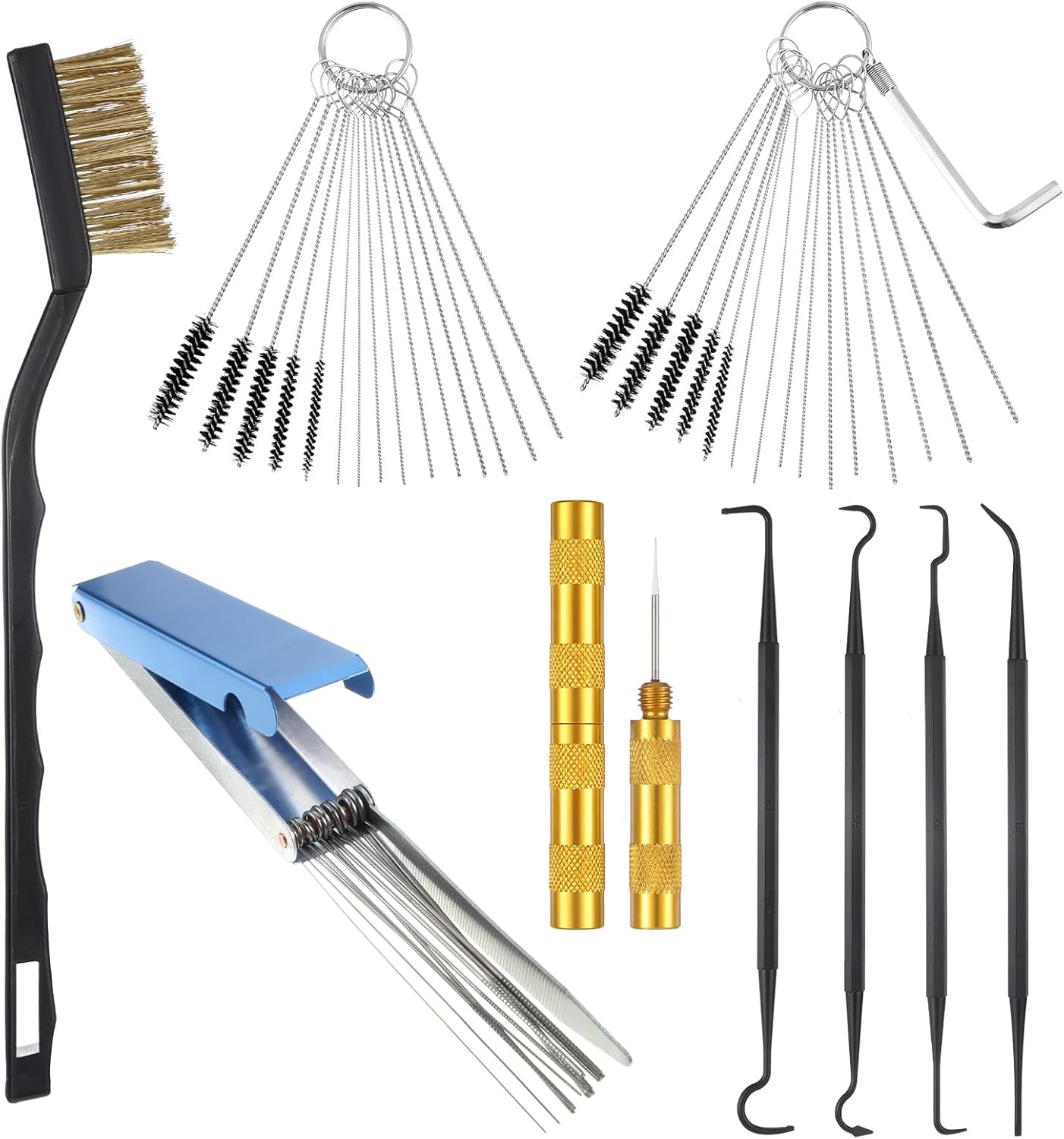 Carburetor Cleaner Kit, Stainless Steel Torch Tip Cleaner with 1 Single Head Brush 20 Cleaning Needles 10 Nylon Brushes 1 Hexagonal Wrench 1 Scraper and 4 Cleaning Hooks 1 Case for Motorcycle ATV