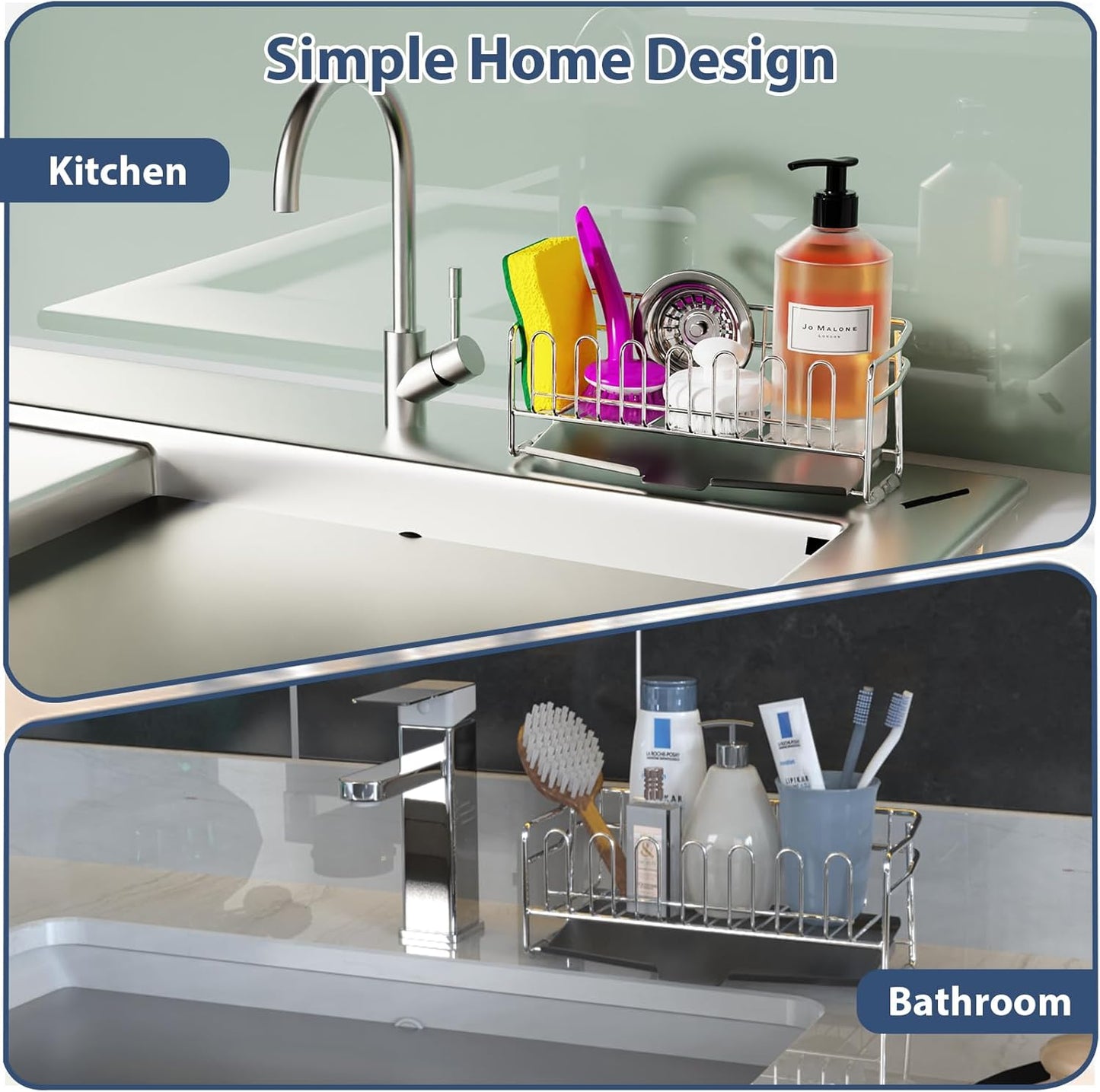 KABUM 304 Stainless Steel Sponge Holder for Kitchen Sink, Compact Sink Caddy with 4 Non-Slip Silicone Pads, Easy to Clean Rustproof 304 Steel, Kitchen Essentials, No-Tools Design (8.27x2.95x3.43)