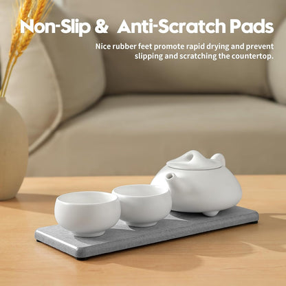 2PCS Water Absorbing Stone Drying Tray for Kitchen Counter & Bathroom Sink, Diatomite Faucet Splash Guard, Soap Dispenser Rack & Sponge Holder Caddy Organizer, Marble White (Printed Pattern), 9"x 3.5"