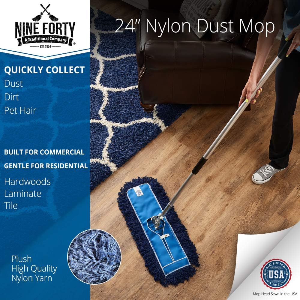 Nine Forty 24" Premium Nylon Dust Mop with Wood Handle - Heavy Duty Mop Head for Industrial, Commercial, and Residential Cleaning - Dry Floor Duster for Hardwood Surfaces and Commercial - Blue