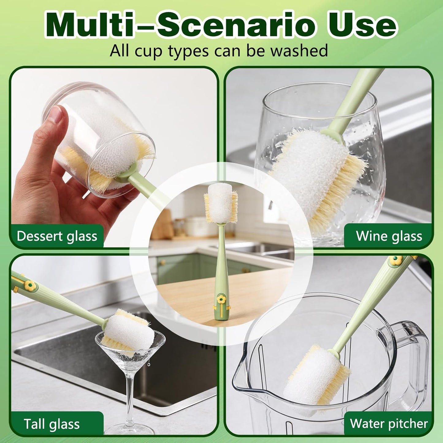 5 in 1 Bottle Cleaning Brush Set, 2026 Multifunctional Lid Brush Cleaning Tool Kitchen, Portable Long Handle Bottles Scrubber for Cup Lids, Hard Bristle Sponge Head Bottle Brushes (White and Green)