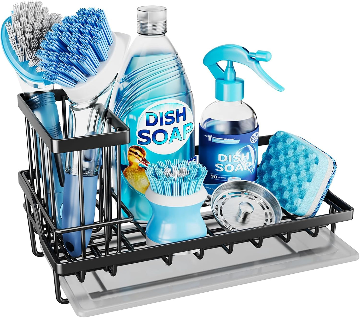Consumest Sink Caddy, Kitchen Sponge Holder with Dish Brush Holder, Kitchen Organizer with Drip Tray for Countertop, Stainless Steel Rustproof - Silver
