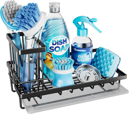 Consumest Sink Caddy, Kitchen Sponge Holder with Dish Brush Holder, Kitchen Organizer with Drip Tray for Countertop, Stainless Steel Rustproof - Silver