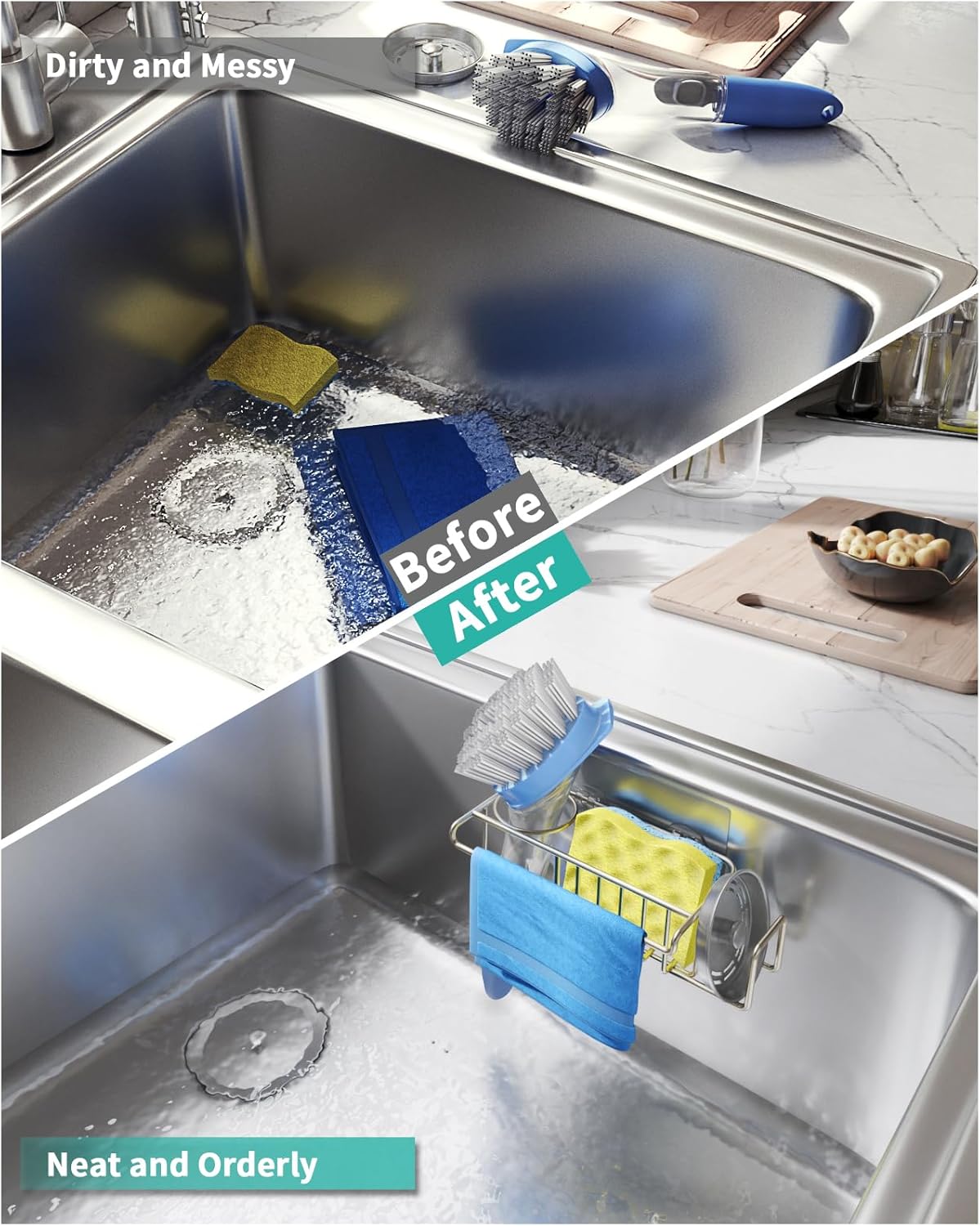 HapiRm 4 in 1 Kitchen Organizers and Storage, SUS304 Stainless Steel Brush Holder + Dish Cloth Hanger + Soap Rack + Sink Stopper Rack, No Drill Kitchen Essentials - Black