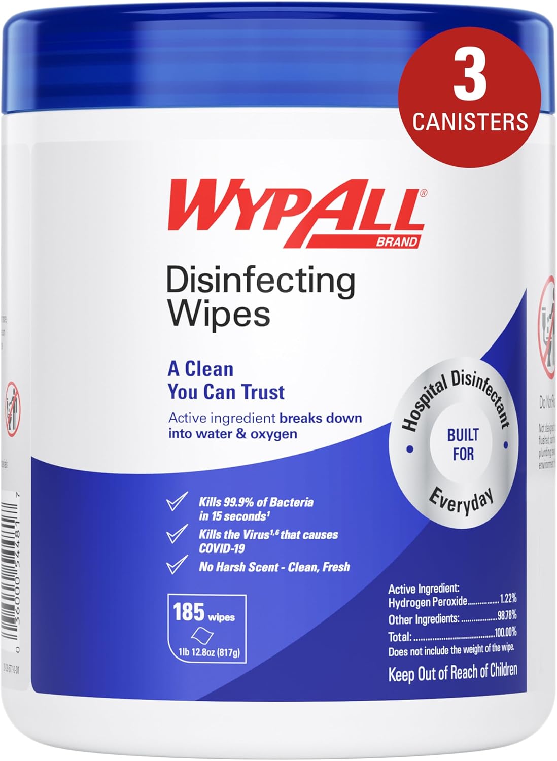 WypAll® Brand Disinfecting Wipes (54481), Hydrogen Peroxide Disinfectant Cleaner for Commercial, Industrial & Healthcare, 5.75"x7" Wipes, Fresh Scent (3 Canisters of 185 Sheets)