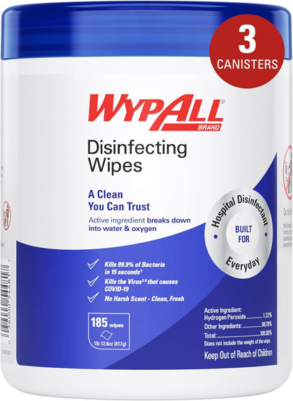 WypAll® Brand Disinfecting Wipes (54481), Hydrogen Peroxide Disinfectant Cleaner for Commercial, Industrial & Healthcare, 5.75"x7" Wipes, Fresh Scent (3 Canisters of 185 Sheets)