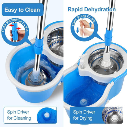 360° Spin Mop and Bucket System with Wringer - 61" Stainless Steel Handle & 3 Microfiber Refills, Self-Cleaning Floor Mop for Tile, Hardwood, Laminate Floors (Black red)