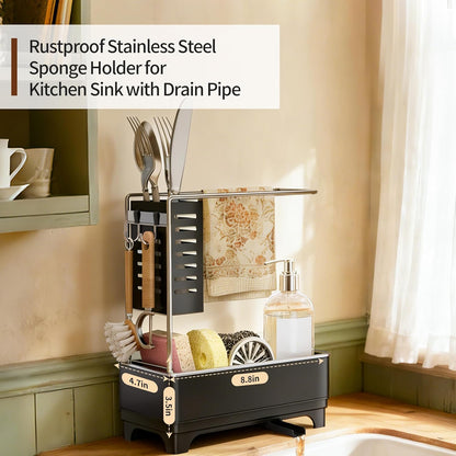 MOUKABAL Sponge Holder for Kitchen Sink – Rustproof Stainless Steel, 360° Rotating Drain Pipe, Large Counter Organizer with Drip Tray for Sponges, Brushes & Dish Cloths Black