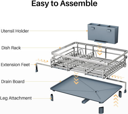 SNTD Dish Drying Rack - Extendable Dish Rack, Large Sink Drying Dish Drainer for Kitchen Counter, Stainless Steel Dish Strainer with Utensil Holder (Black)