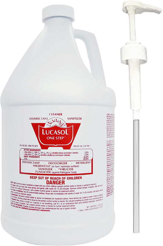 Lucasol One Step Disinfectant, 32 Fl Oz Disinfectant & 24 Oz Empty Refillable Spray Bottle Combo. Multi Purpose Cleaner Spray For Hospitals, Schools, Salons, Household Cleaning And More