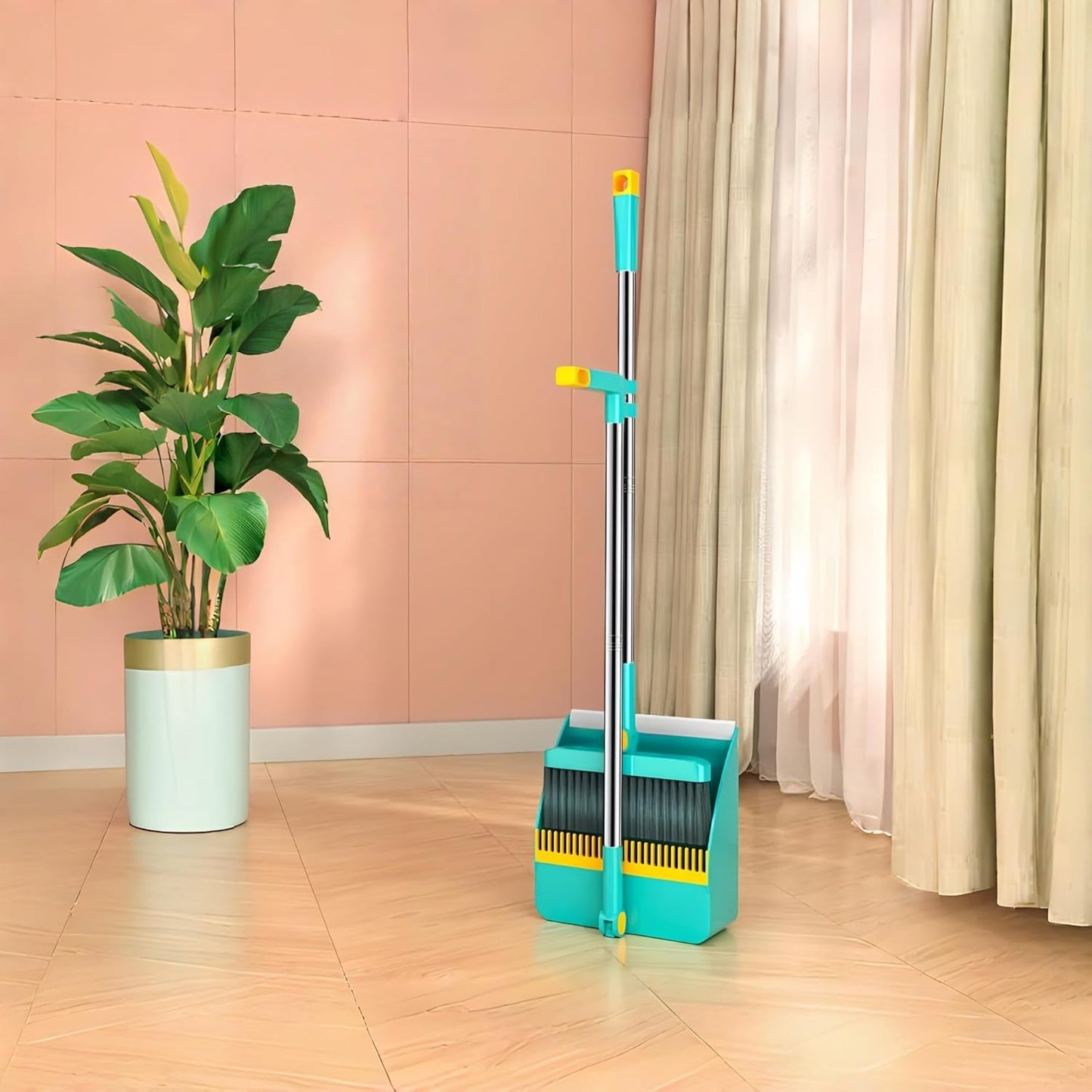 2-in-1 Broom with Dustpan Combo Set,Long Handle Broom Dustpan Combo with Dustpan Teeth to Automatically Clean Hair for Home, Indoor or Outdoor Cleaning Hall Floor (Gray)