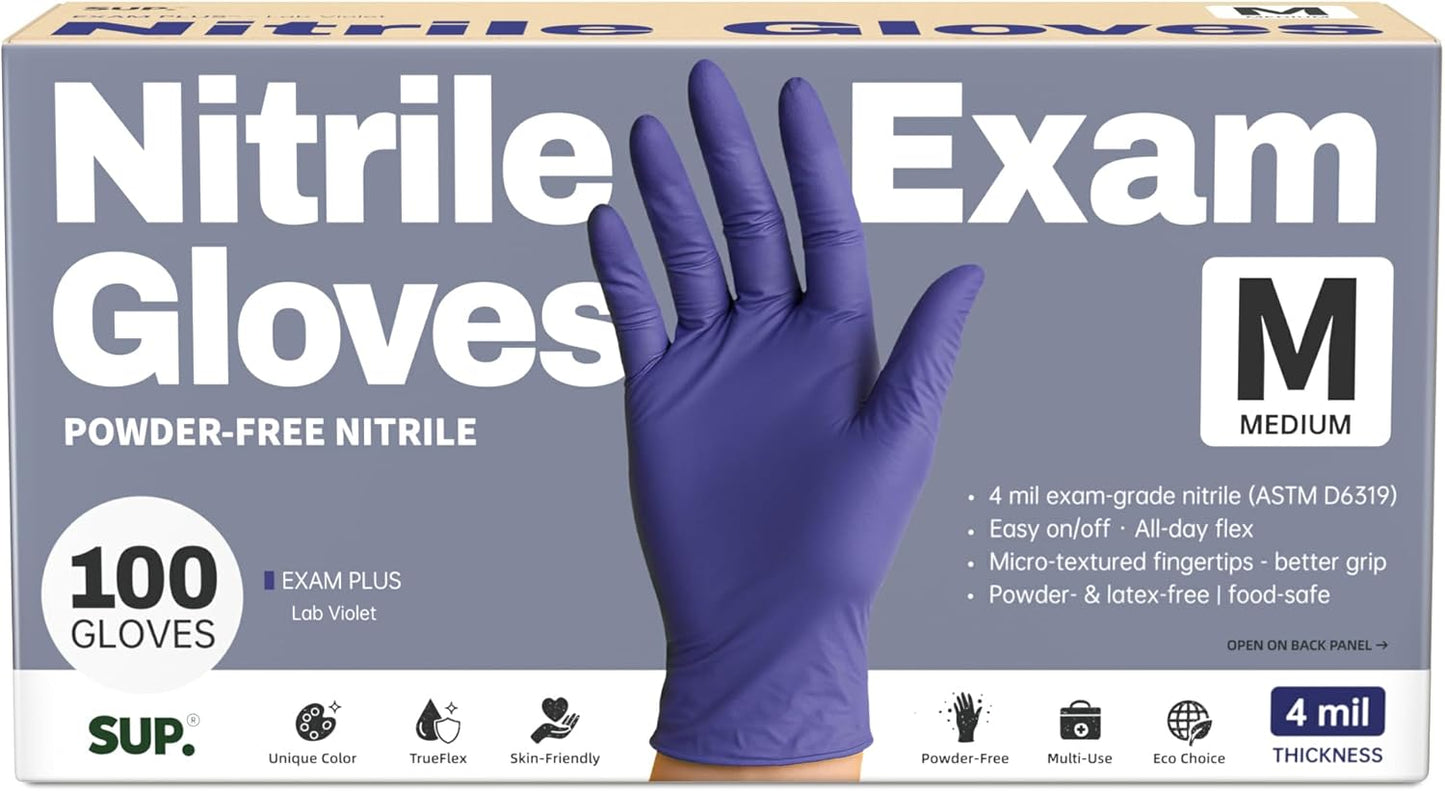 SUP Powder-Free Nitrile Exam Gloves, 100 Count Food Safe Latex-Free Medical Non-Sterile Cooking Disposable Glove, Blue Violet