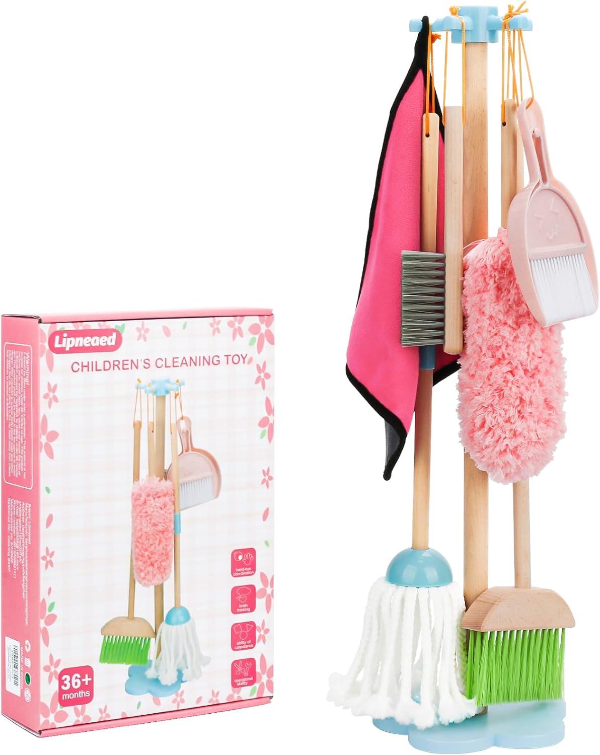 Kids Cleaning Set, Wooden Toddler Broom Set for Housekeeping, 8 Pieces Montessori Cleaning Toys with Kids Broom and Mop Set, Housework Pretend Play Toy Gift for Boys Girls Ages 3+