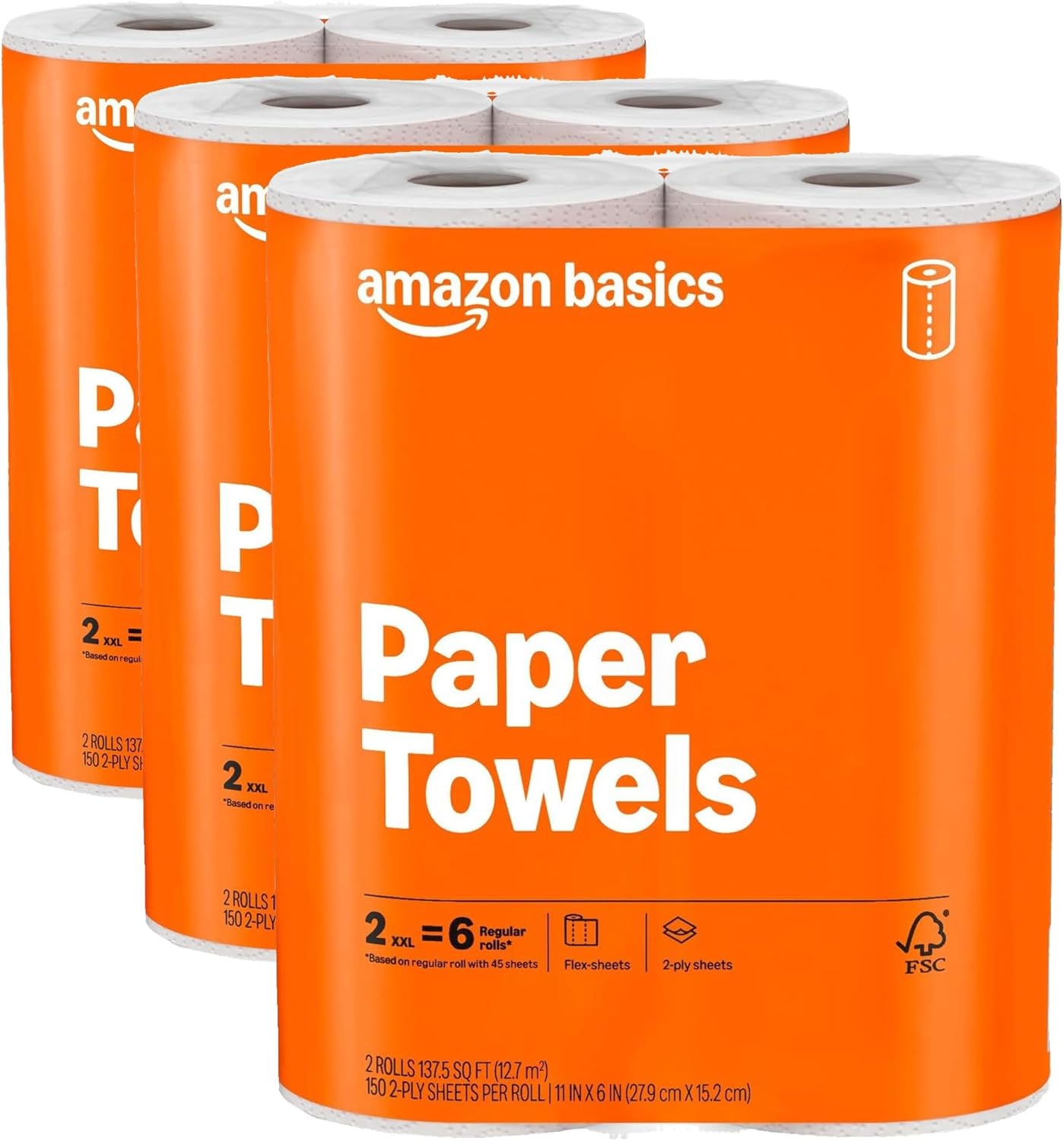 Amazon Basics 2-Ply Flex-Sheets Paper Towels, 12 Basics Rolls = 40 Regular Rolls, Everyday Value with 150 Sheets per Roll, Packaging May Vary