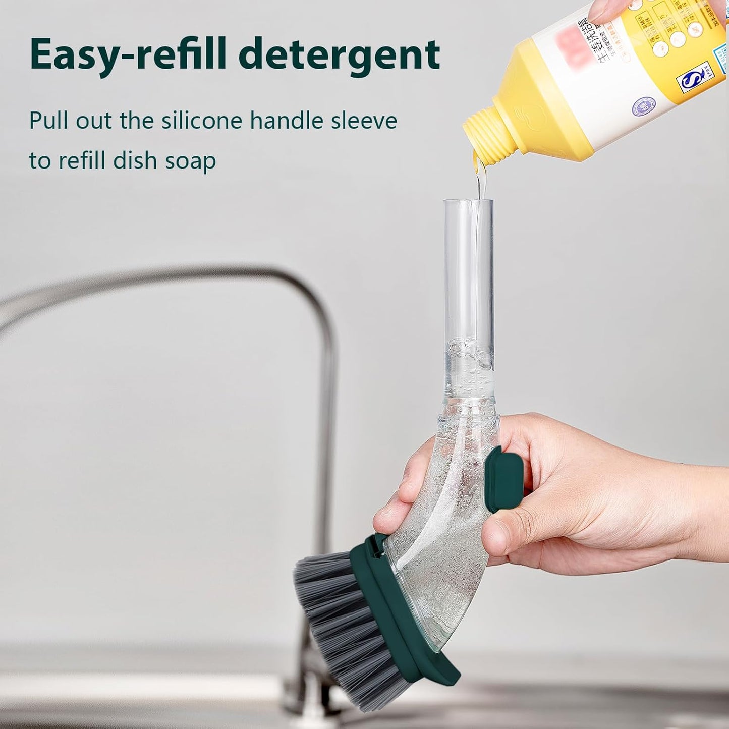 DAPOWER Soap Dispensing Dish Brush with Handle, Kitchen Scrub Brush for Dishes Pots Pans Sink Cleaning (Grayish Blue)