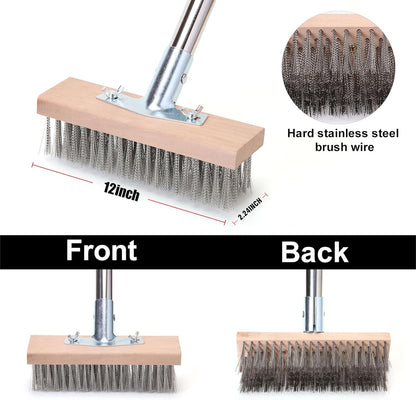 MAXMAN Stainless Steel Wire Scrub Brush with Long Handle, 63" Heavy Duty Large Wire Brush, Stiff Metal Bristle Floor Scrubber, Outdoor Patio Cleaning, Wire Broom for Deck, Concrete, Moss Removal