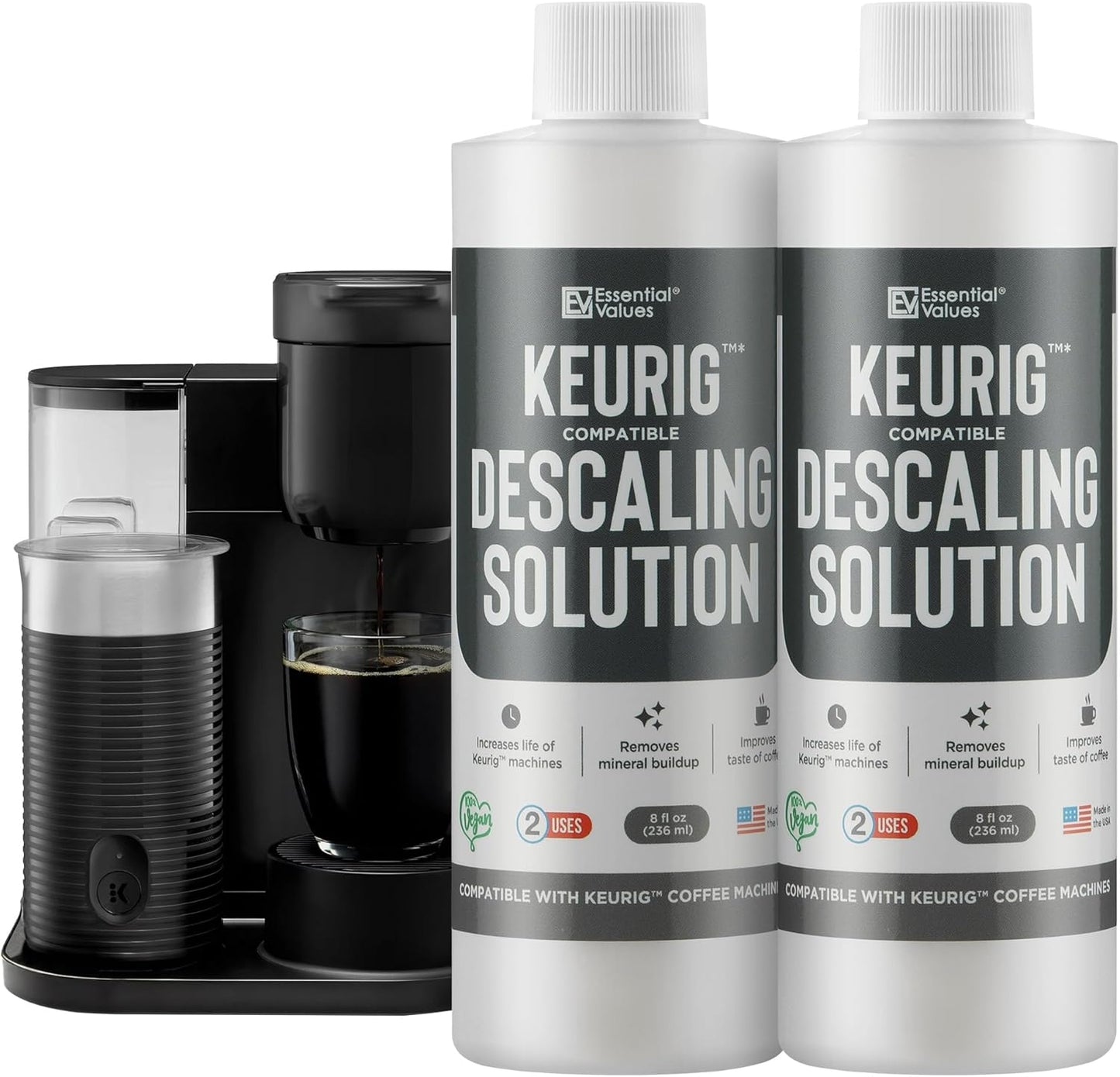 Essential Values Descaling Solution (8 fl oz / 236 ml) – Coffee Maker Cleaner for Nespresso, Keurig, Breville & More – Works on All Machines & Espresso Makers – Made in USA