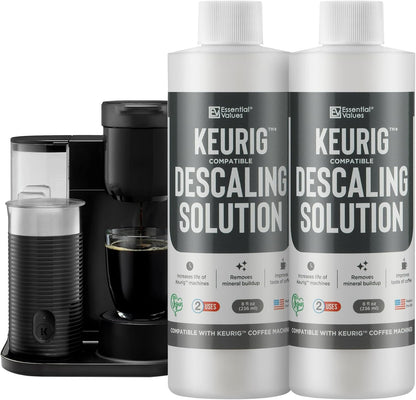 Essential Values Descaling Solution (8 fl oz / 236 ml) – Coffee Maker Cleaner for Nespresso, Keurig, Breville & More – Works on All Machines & Espresso Makers – Made in USA