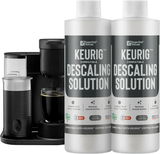 Essential Values Descaling Solution (8 fl oz / 236 ml) – Coffee Maker Cleaner for Nespresso, Keurig, Breville & More – Works on All Machines & Espresso Makers – Made in USA