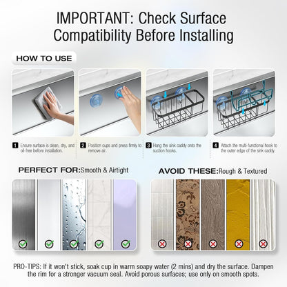 3-in-1 Kitchen Sink Caddy Organizer with Sponge Holder, Brush Holder, Extra Rack for Scrubber, Sink Stopper, Dish Cloth Hanger - Strong Dual Suction Cup, 2.0mm SUS304 Stainless Steel - Grey